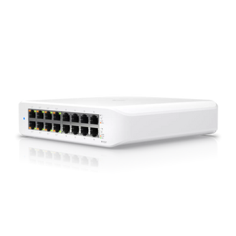 Ubiquiti UniFi Lite 16-port Gigabit PoE switch with 8 PoE+ ports and a fanless design for quiet operation. Wall mountable.