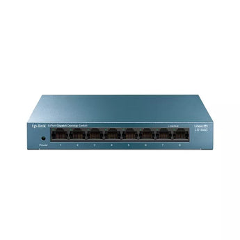 Blue TP-Link TL-SG108 desktop network switch with 8 Gigabit Ethernet ports for fast, reliable wired network connectivity.