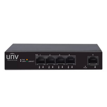 UNV UN-NSW2010-5GT-POE-IN: Black 5-port Gigabit PoE+ switch with 4 PoE ports and 1 uplink. Powers network devices efficiently.
