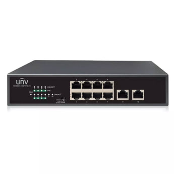 UNV UN-NSW2010-10GT-POE-IN: 8-port Gigabit PoE switch with 2 Gigabit uplink ports. Provides network connectivity and power for PoE-enabled devices.