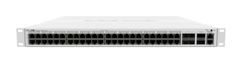 MikroTik CRS354-48P-4S+2Q+RM switch: 48x 1Gb PoE ports, 4x SFP+, 2x QSFP+, redundant PSU, 750W PoE+ power.