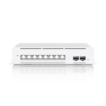Ubiquiti UniFi Pro XG 8-Port PoE++ switch with 8 10GbE ports and 2 10G SFP+ ports, desktop or wall-mountable for professional networks.