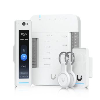 Ubiquiti UniFi Access G3 Starter Kit Pro: Door Hub, G3 Reader Pro with camera, G3 Reader, and two keyfobs for single-door access control.