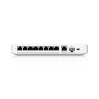Ubiquiti UniFi Switch Flex 2.5G with 8 x 2.5GbE ports and a 10GbE RJ45/SFP+ uplink, providing flexible, high-speed network connectivity.