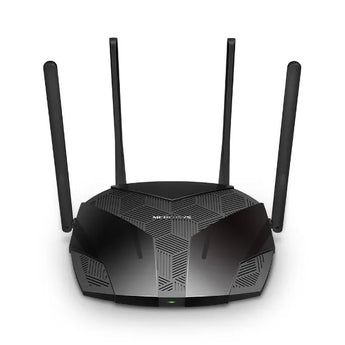 Mercusys AX3000 Wi-Fi 6 Mesh Router (MRC-MR80X) with four antennas, offering dual-band gigabit speeds and enhanced wireless performance.
