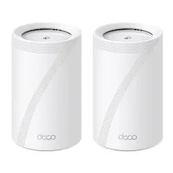 TP-Link Deco BE65 Wi-Fi 7 Mesh System (2-Pack) providing whole-home wireless coverage. Three sleek white nodes ensure a reliable connection.