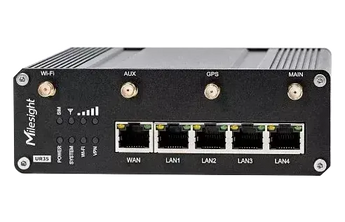 Milesight UR35 4G Industrial Router, a rugged cellular router for IoT applications, with ethernet ports and GPS.