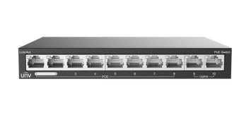 Uniview UNV 8-Port PoE switch (NSW2020-10T-POE-IN) with 120W PoE, 2 uplink ports, and RJ45 connectors for efficient network connectivity.