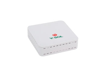 VSOL V2801RD Single Port xPON ONU. A compact, white networking device with one GE port for high-speed fiber optic connections.
