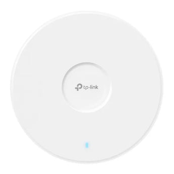 TP-Link EAP783 Wi-Fi 7 access point. Ceiling mount, tri-band: 6 GHz, 5 GHz, and 2.4 GHz. Features two 10G ports for high-speed networking.