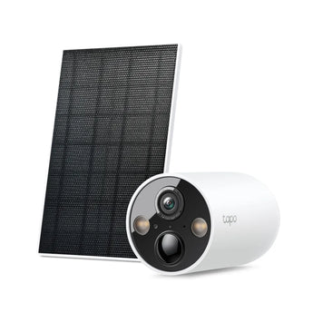 TP-Link Tapo C425 solar-powered outdoor security camera kit with solar panel, providing continuous 2K QHD surveillance and a magnetic mounting option.
