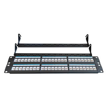 Acconet 48 Port RJ45 Patch Panel, 2U, Black. A structured cabling solution for CAT5 and CAT6 network connections in a rack.