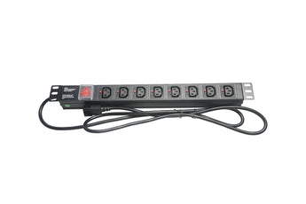 Acconet 1U PDU with 8 female kettle cord outlets. Provides power distribution for rack-mounted equipment.