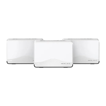 Mercusys Halo H27BE Wi-Fi 7 mesh system, 3 units, providing whole-home wireless coverage for over 150 devices. Modern, minimalist design.