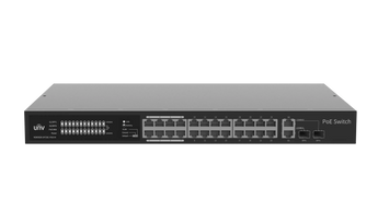 UNV NSW2020-24T2GC-POE-IN: 24 port PoE switch with 2 Gigabit combo ports, delivering up to 30W per port and 370W total PoE power.