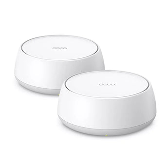 TP-Link Deco BE25 Wi-Fi 7 mesh system, two white cylindrical units, providing fast, reliable whole-home wireless internet coverage.