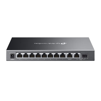 TP-Link Omada ES210GMP switch: 10 Gigabit ports, 8 PoE+, SFP/RJ45 combo port. Easy managed network expansion.