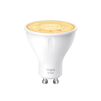 TP-Link Tapo L610 dimmable smart spotlight with GU10 base emitting a warm, adjustable light. Control brightness via Wi-Fi.
