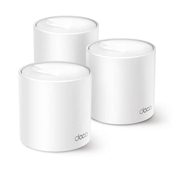TP-Link Deco AX1500 mesh router system, 3 white units, providing whole-home Wi-Fi 6 coverage for improved wireless performance.