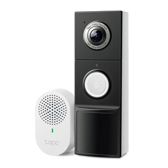 TP-Link Tapo D235 video doorbell camera showing a person at the door, capturing a wide head-to-toe view with clear, full-color night vision.