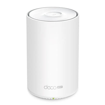 TP-Link Deco X10-4G: a white, cylindrical mesh WiFi router with built-in 4G+ modem for whole-home internet coverage.
