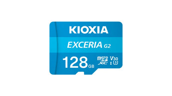 Kioxia 128GB Micro SDHC memory card. Black with white lettering. Used for expanding storage in phones, cameras, and other devices.