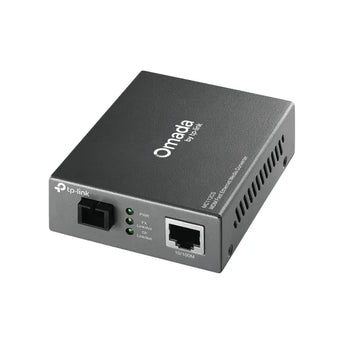 TP-Link MC110CS media converter with RJ45 and SC fiber ports. Converts copper Ethernet to single-mode fiber optic connections.
