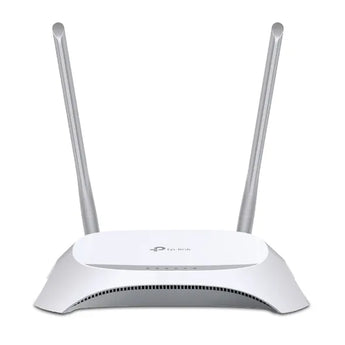 TP-Link TL-MR3420 3G/4G Wireless N Router. Black router with antenna, connects to a USB modem for internet access. Ideal for home or small office.