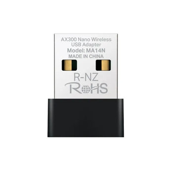 Mercusys AX300 Nano Wi-Fi USB Adapter (MRC-MA14N). A small, black USB adapter for upgrading devices to faster AX WiFi speeds.