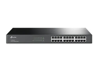 TP-Link TL-SG1024 24-Port Gigabit Ethernet switch in a metal rackmount case with shielded ports for fast, reliable network connectivity.