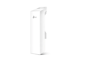 TP-Link CPE210 outdoor CPE. A white, rectangular device with a built-in directional antenna for long-range wireless data transmission.