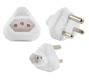 Acconet adaptor: 16A 3-pin Euro plug converting to a 3-pin South African (SA) plug. Black plastic housing.