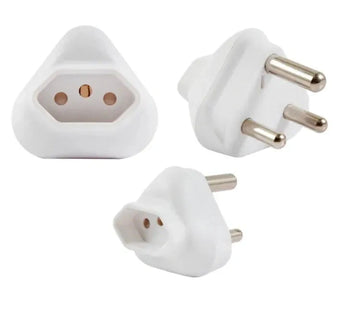 Acconet adaptor: 16A 3-pin Euro plug converting to a 3-pin South African (SA) plug. Black plastic housing.
