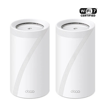 Two TP-Link Deco BE85 white mesh Wi-Fi 7 units. Whole-home coverage with multi-gigabit ports for fast, reliable internet.
