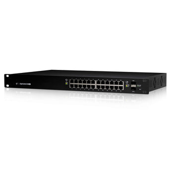 Ubiquiti UISP EdgeSwitch ES-24-250W: 24-port Gigabit PoE+ switch with 2 SFP ports and a 250W power supply.