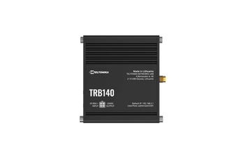 Teltonika TRB140 4G IoT Gateway, a compact industrial device for reliable wireless connectivity, mounted on a DIN rail.