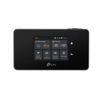TP-Link M8550: a portable 5G Wi-Fi router with touchscreen, offering high-speed internet access and WiFi 6E connectivity.