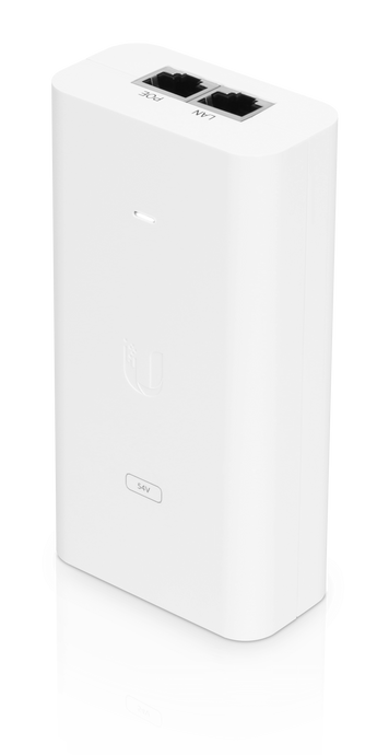 Ubiquiti Gigabit 54V 80W PoE Injector, model POE-54V-80W, providing power and Gigabit Ethernet connectivity to Ubiquiti devices.