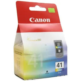 Canon CL-41 Tri-Color Ink Cartridge for IP1200, IP2200, MP150 series printers, producing cyan, magenta, and yellow prints.
