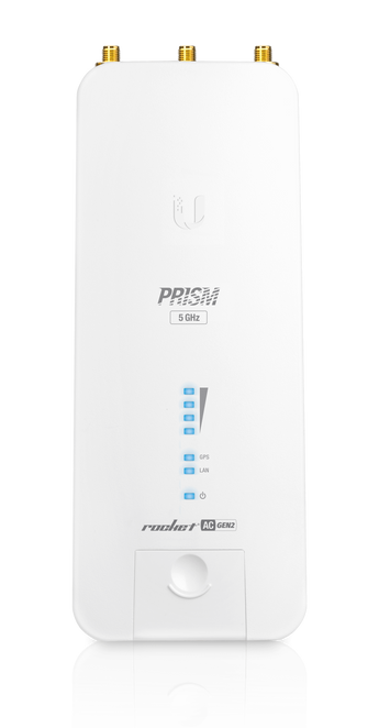 Ubiquiti Rocket Prism 5AC Gen2 radio. Silver and black cylindrical base station with airPrism for 5 GHz wireless networking and RF filtering.