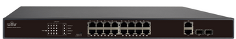 Uniview 16-Port PoE switch with 2 Gigabit combo ports, supporting 802.3af/at PoE standard and extended 250m transmission.