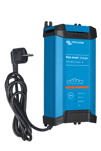 Victron Blue Smart IP22 Charger 12/15 with DC connector, used for professional 12V battery charging with Bluetooth connectivity.
