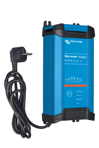 Victron Blue Smart IP22 Charger 12/30 with DC connector, a professional battery charger featuring built-in Bluetooth connectivity.