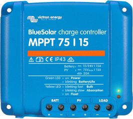 Victron BlueSolar MPPT 100/15 charge controller, regulates solar panel power to charge 12V or 24V batteries at 15A current.