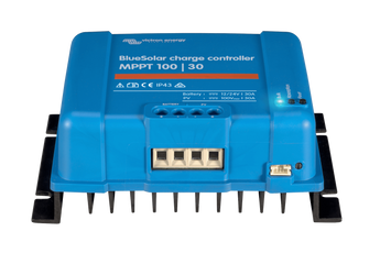 Victron BlueSolar MPPT 100/30 Charge Controller, a silver and blue electronic device for efficient solar battery charging.
