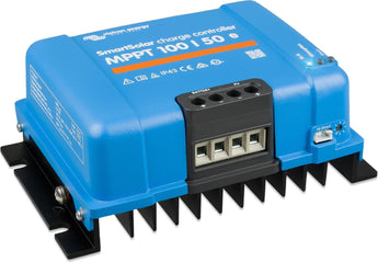 Victron SmartSolar MPPT 100/50 charge controller efficiently regulating solar panel output for battery charging. Model: VIC-SSC10050-MPPT.