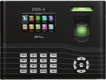 ZKTeco IN01-A-WIFI: Fingerprint and RFID time & attendance terminal with a color display showing employee information.