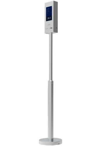 UNV Wrist Thermometer OTC-513 with 7-inch touchscreen mounted on a pole stand, used for non-contact temperature screening.
