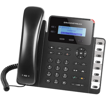 Grandstream GXP1628 desk phone with 2 lines, gigabit ports, backlit LCD, and programmable keys for efficient business communication.