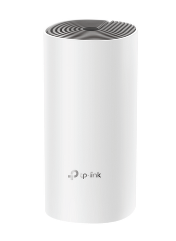 TP-Link Deco E4 AC1200 single unit mesh Wi-Fi system. White, compact design with two Ethernet ports for whole-home coverage.